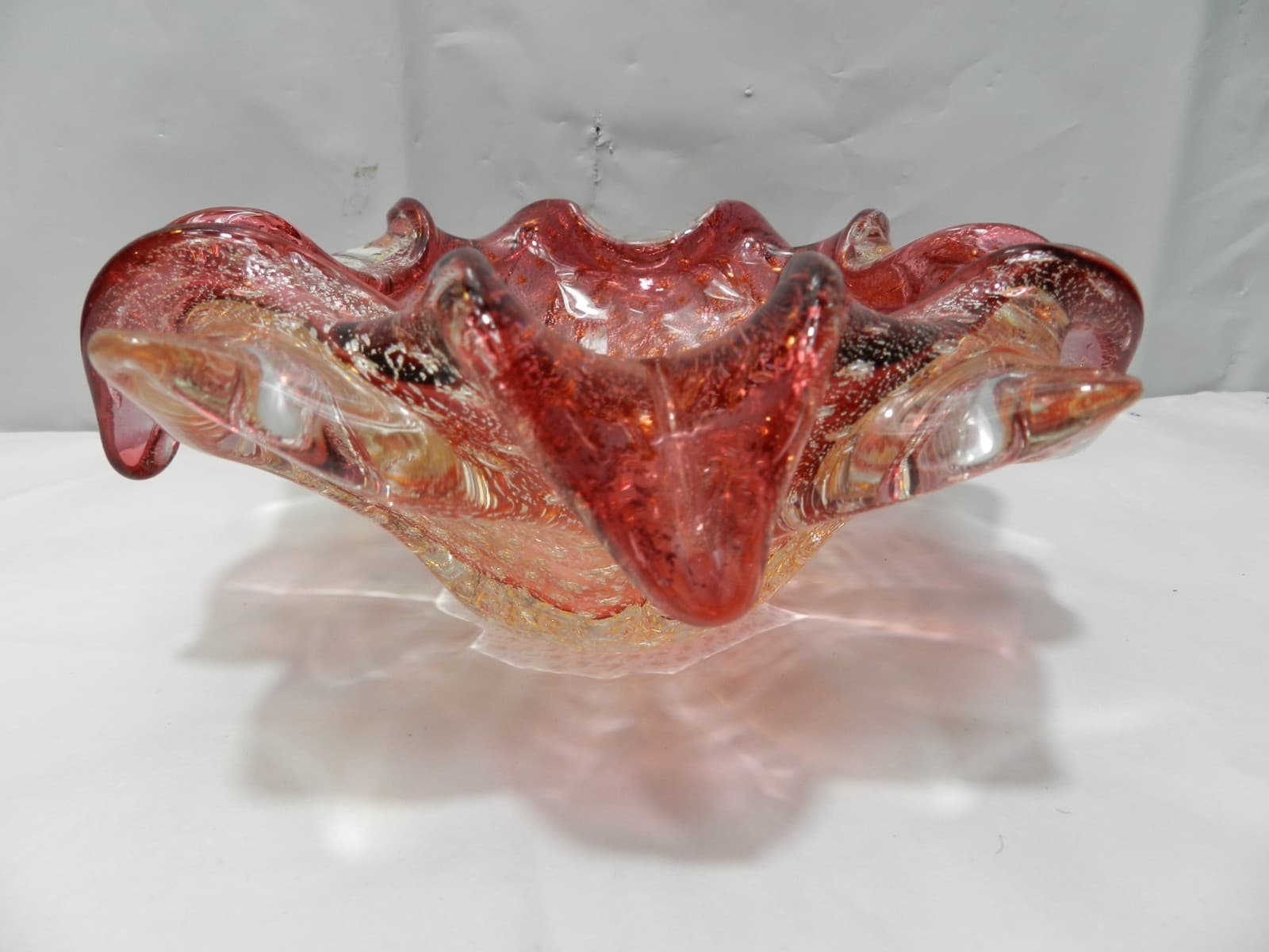 VTG 7" Murano Hand Blown Glass Italian Ashtray Candy Dish Pink Gold Fleck Z80S - Thumbnail 2
