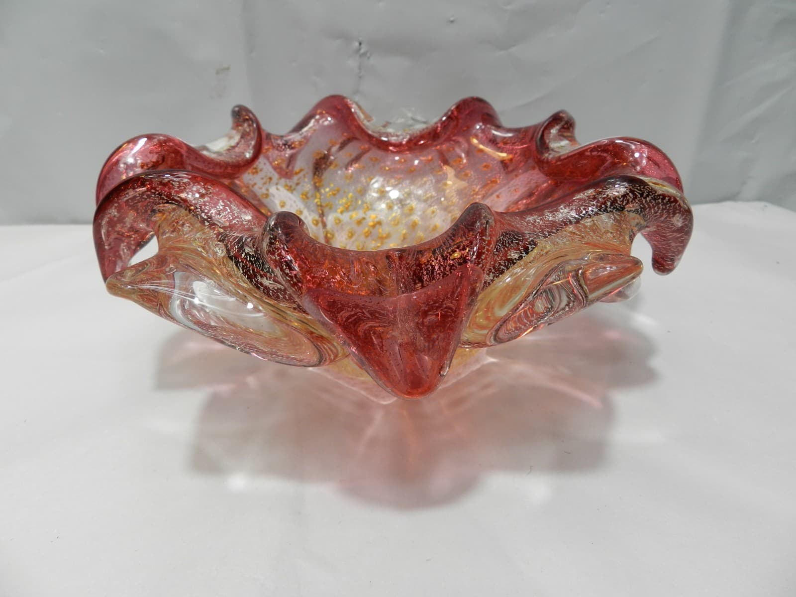 VTG 7" Murano Hand Blown Glass Italian Ashtray Candy Dish Pink Gold Fleck Z80S - Thumbnail 3
