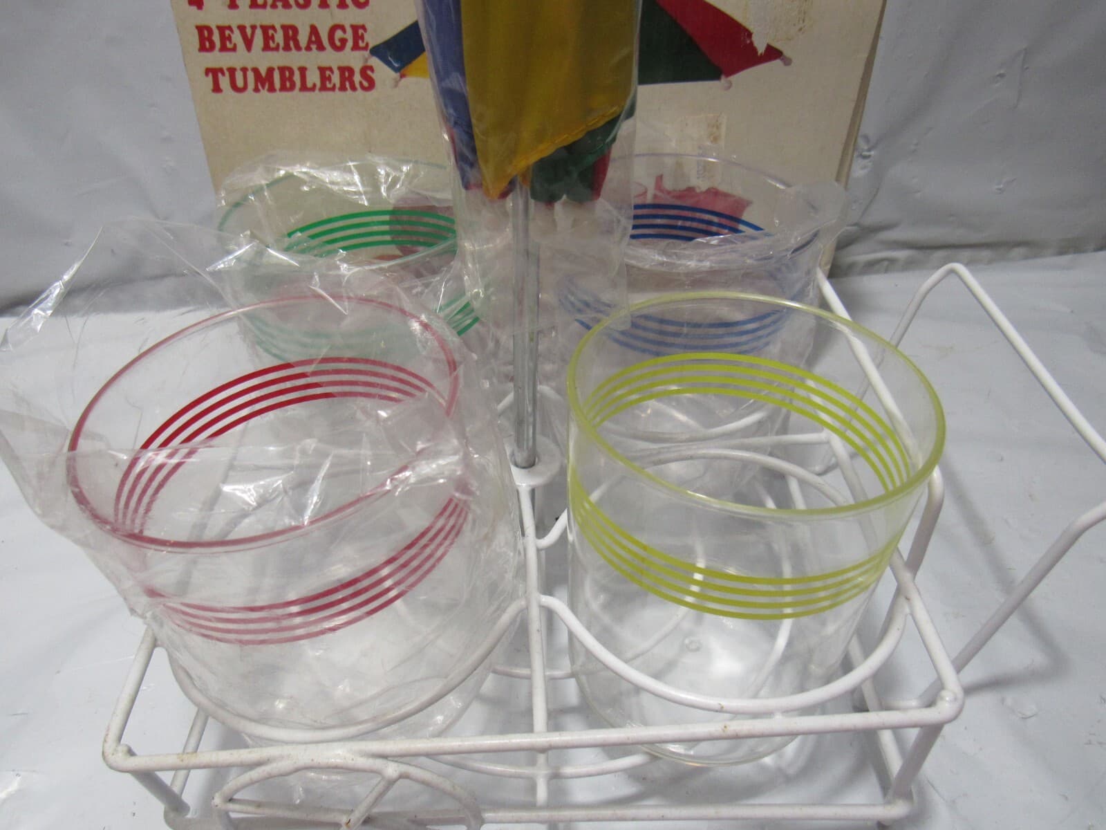 Vintage Umbrella Patio Cart w 4 Tumblers Tabletop Cup Holder Pool Beach R24J - Thumbnail 3