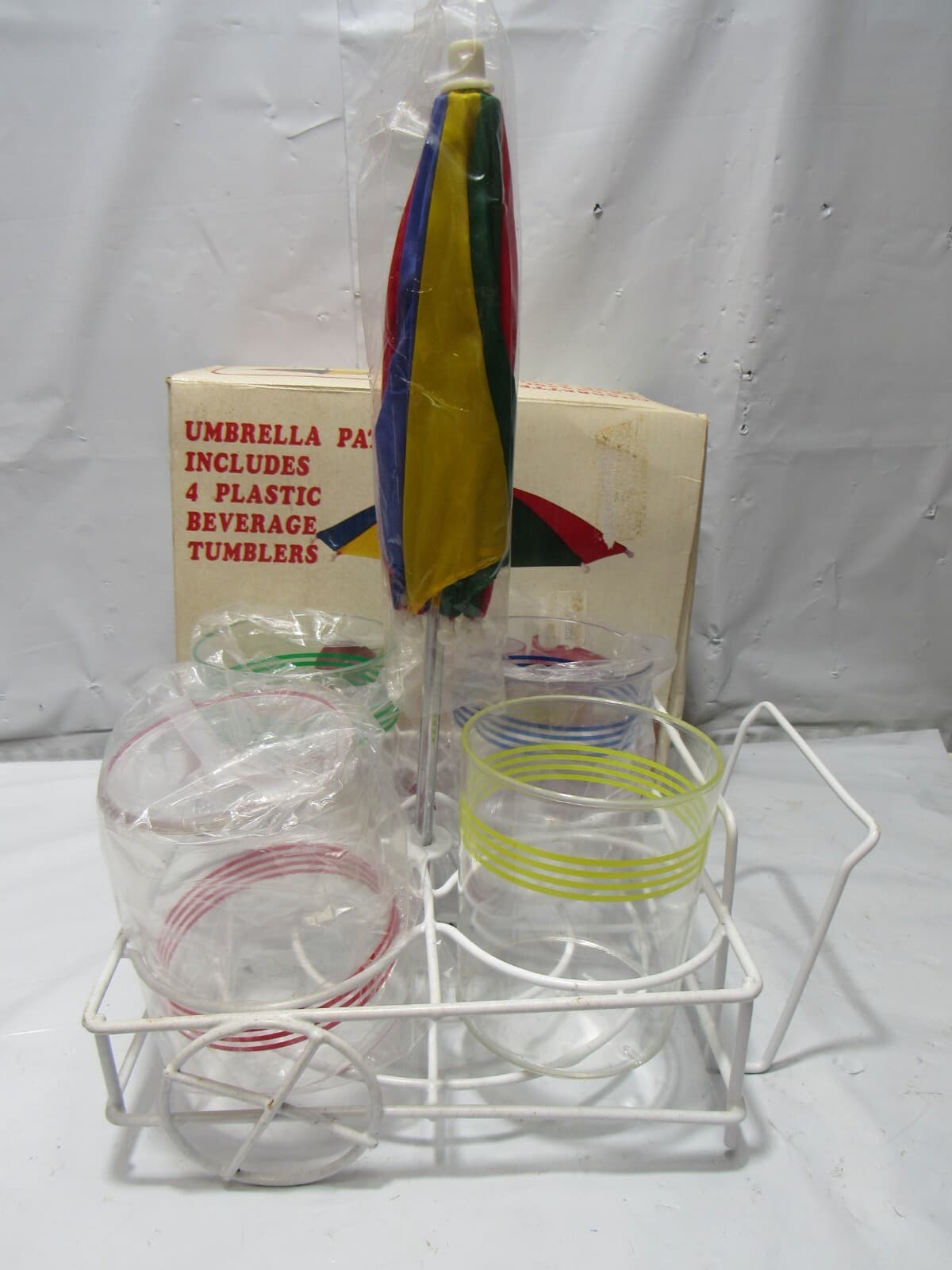 Vintage Umbrella Patio Cart w 4 Tumblers Tabletop Cup Holder Pool Beach R24J