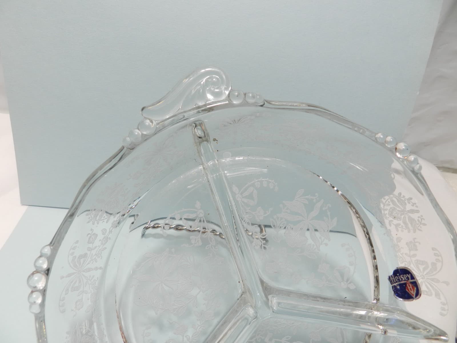 Vintage Blown Glass 8" Round 3 Part Relish Etched Heisey Rose by Heisey Z77S - Thumbnail 4