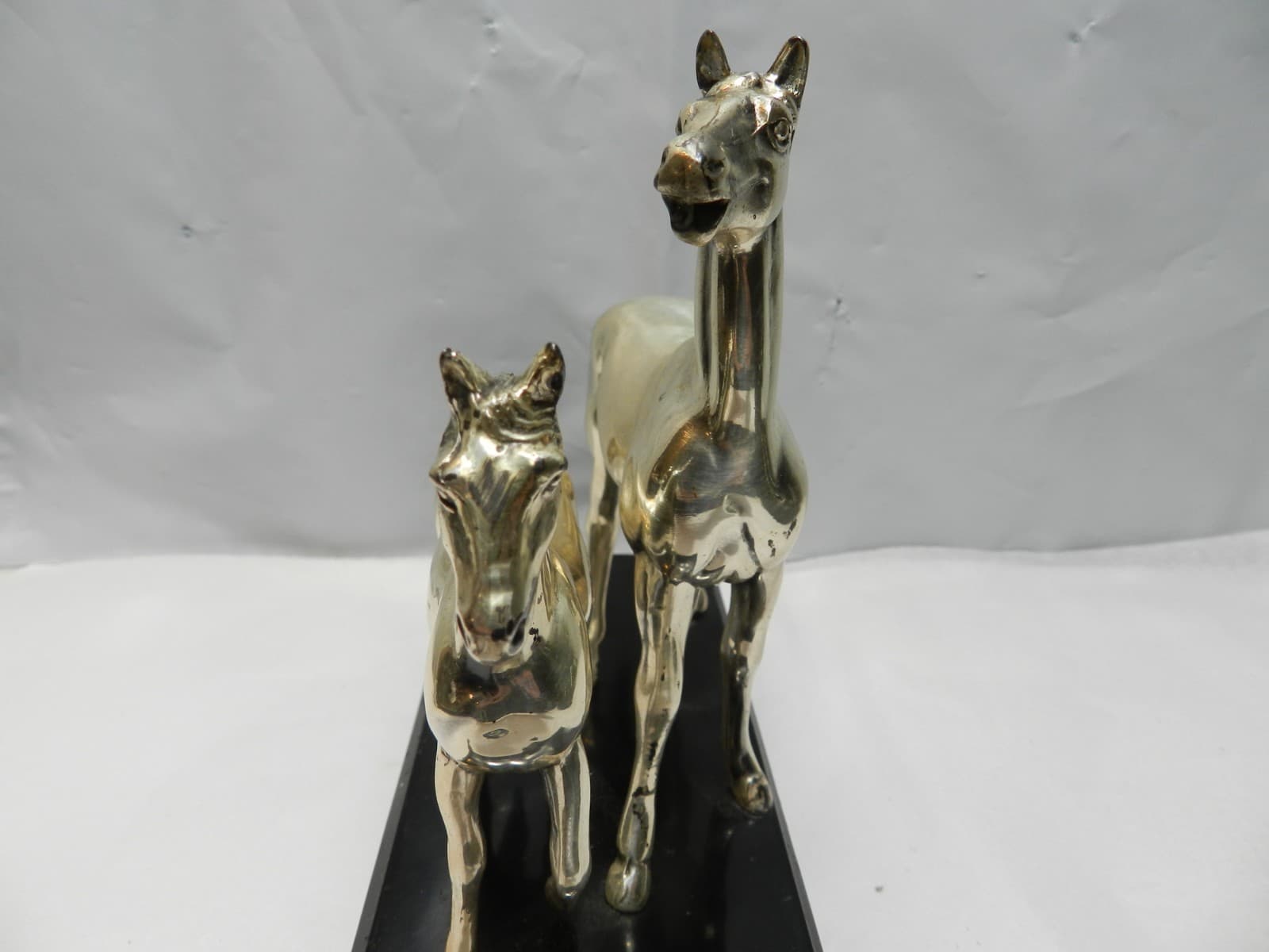 Vintage Silver Horse (Mare & Foal) Statue Black Base 6" Tall (Z86S) - Thumbnail 3