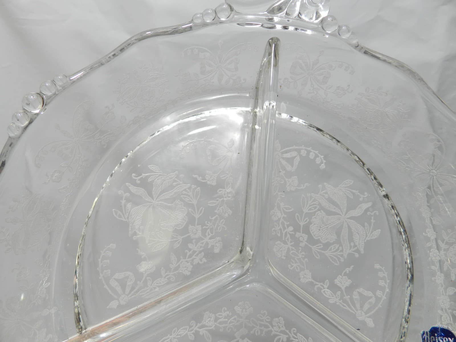 Vintage Blown Glass 8" Round 3 Part Relish Etched Heisey Rose by Heisey Z77S - Thumbnail 6
