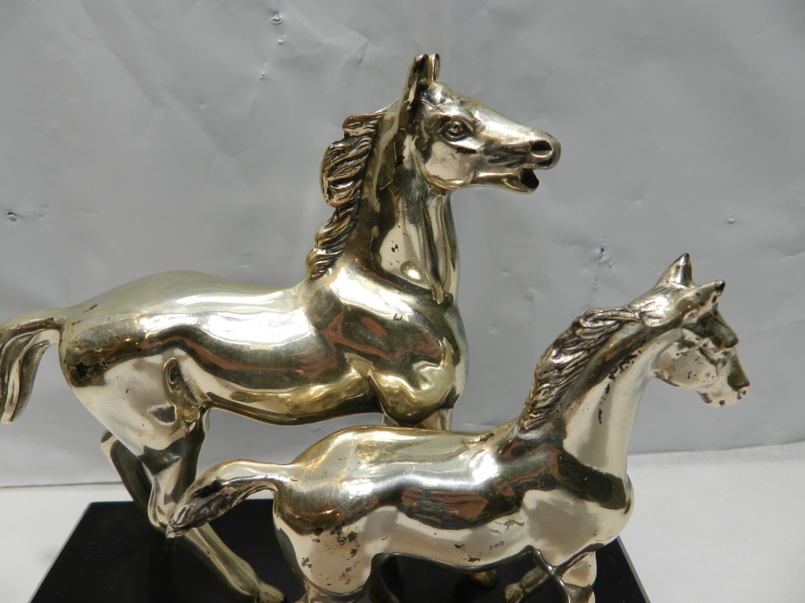 Vintage Silver Horse (Mare & Foal) Statue Black Base 6" Tall (Z86S) - Thumbnail 2