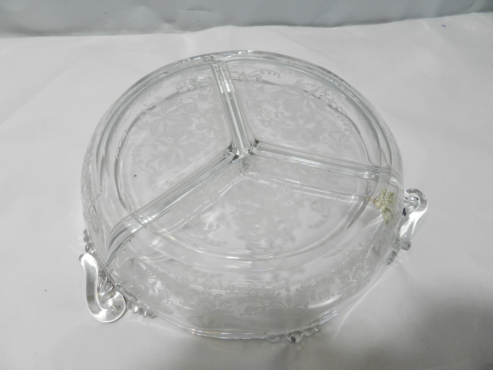 Vintage Blown Glass 8" Round 3 Part Relish Etched Heisey Rose by Heisey Z77S - Thumbnail 5