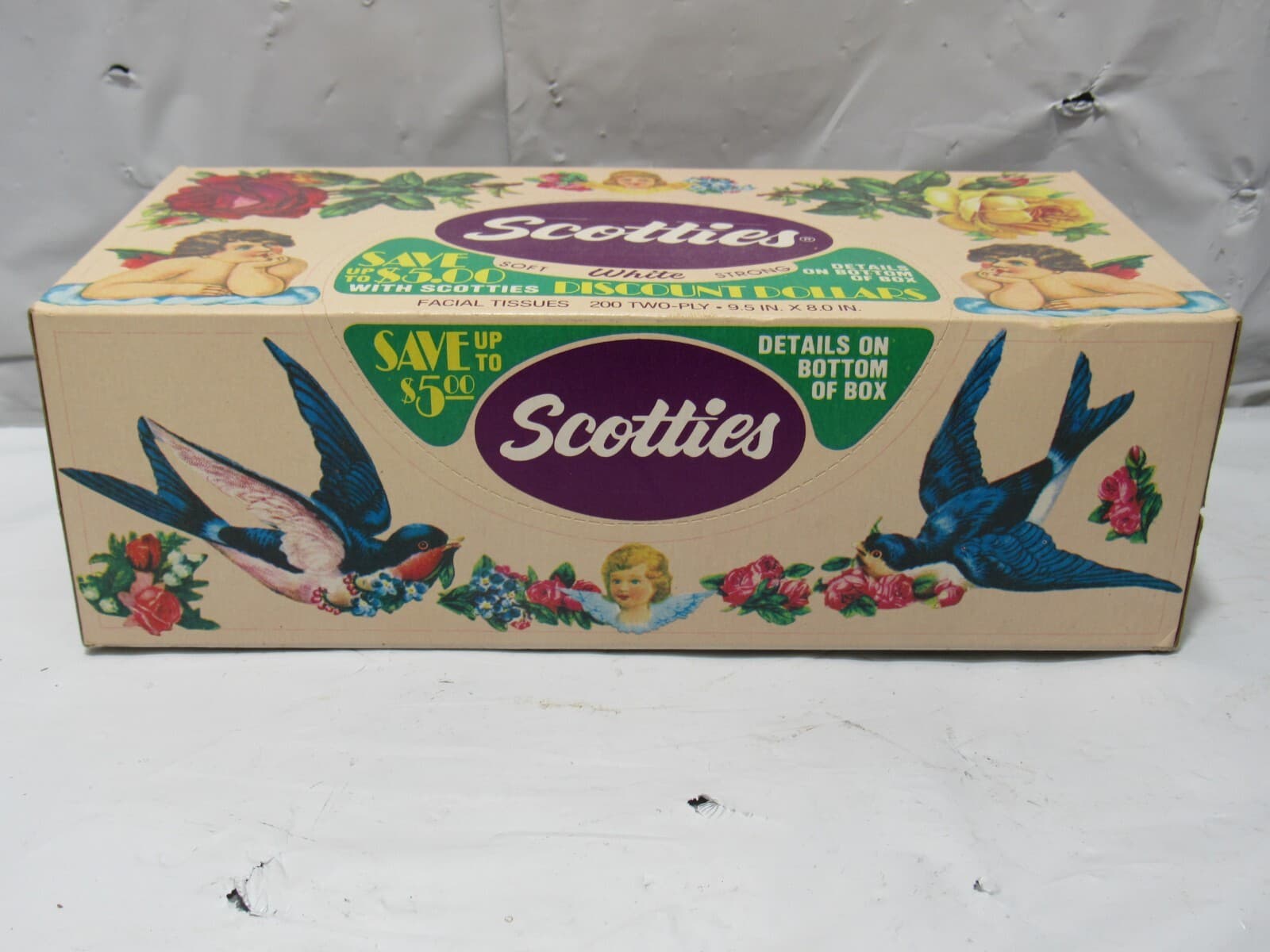 Vintage 1980s UnOpened Scotties Tissue Box Cherubs, Birds & Flowers (R22J) - Thumbnail 2