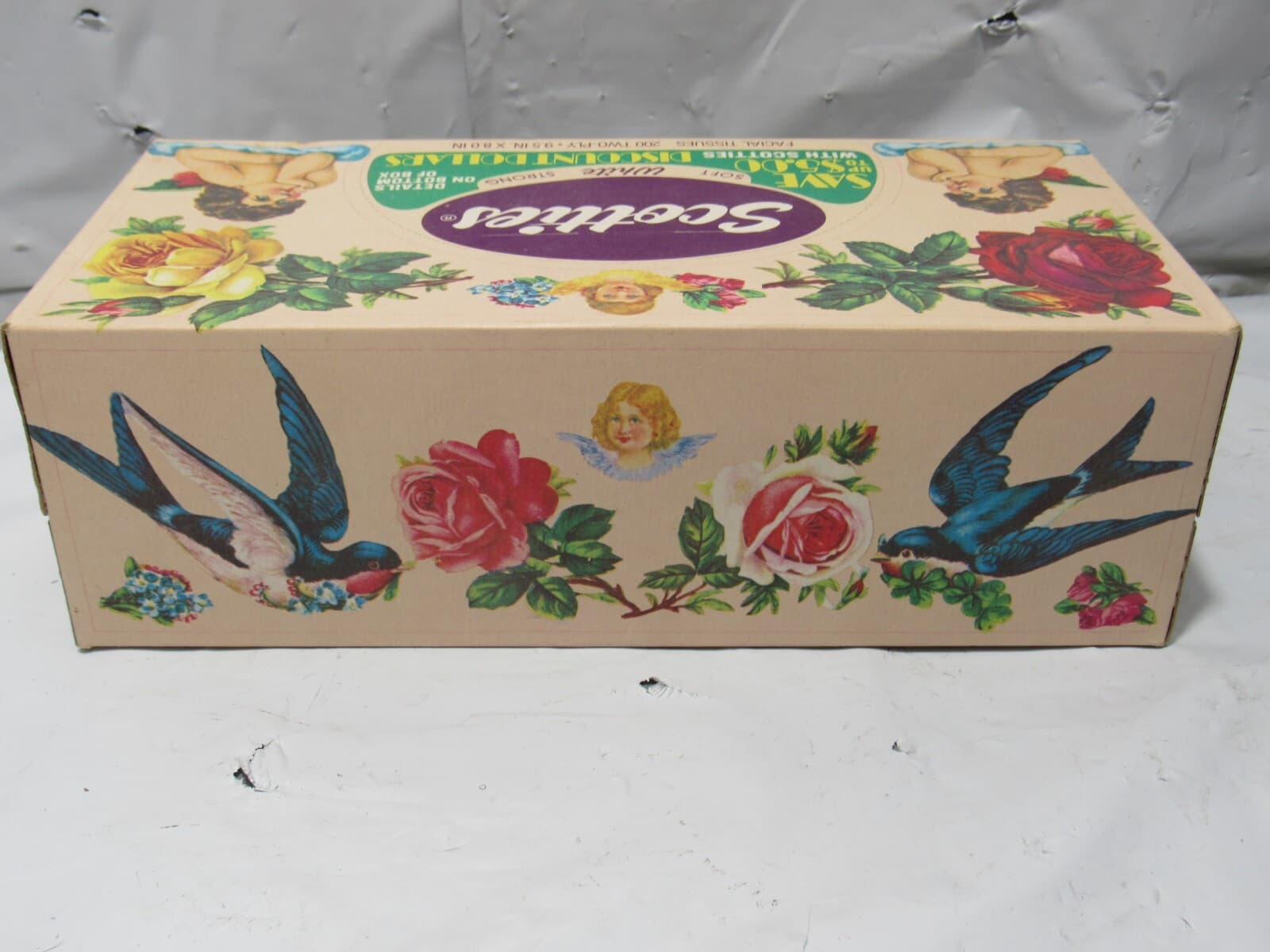 Vintage 1980s UnOpened Scotties Tissue Box Cherubs, Birds & Flowers (R22J) - Thumbnail 4