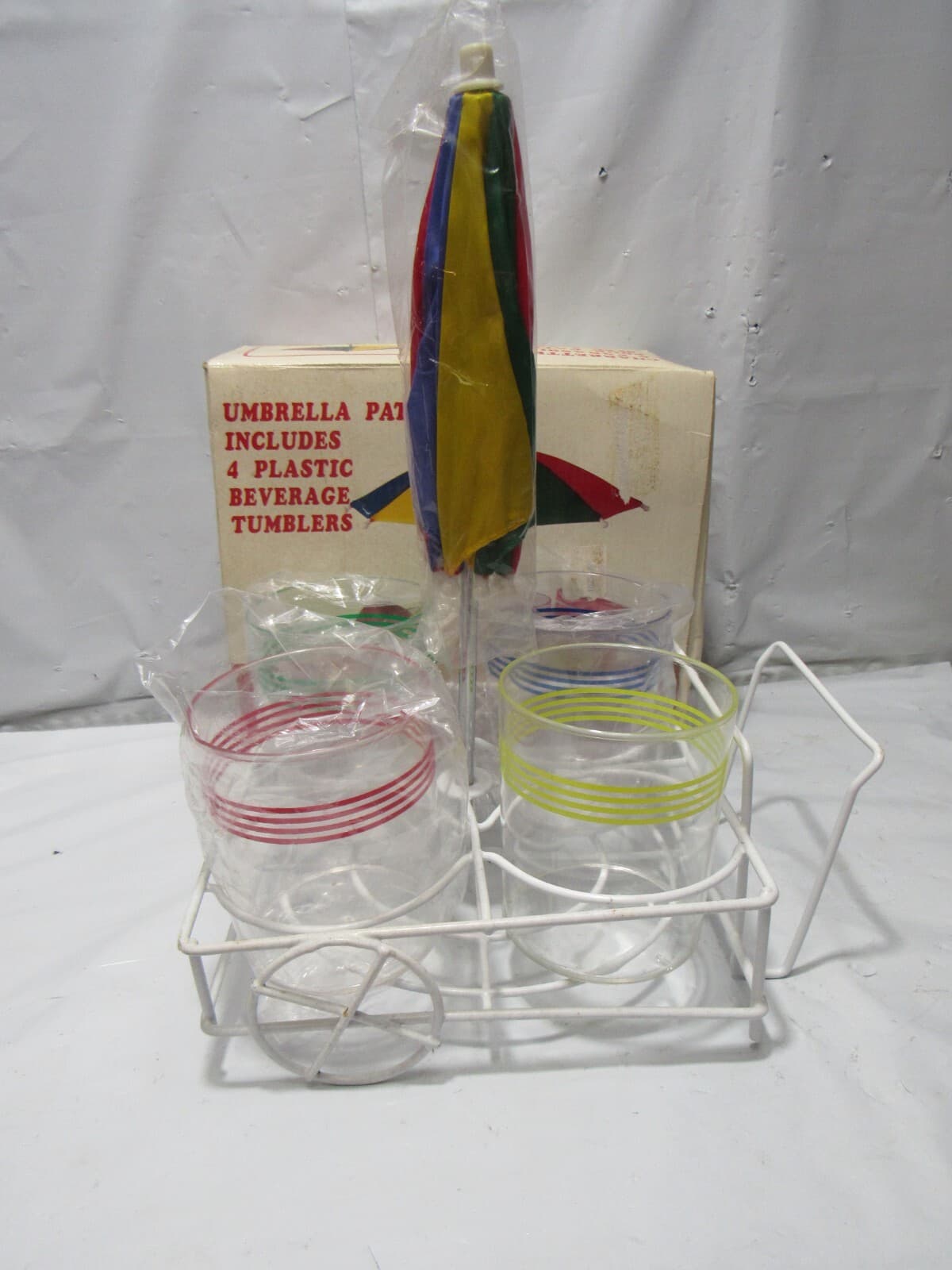 Vintage Umbrella Patio Cart w 4 Tumblers Tabletop Cup Holder Pool Beach R24J - Thumbnail 2