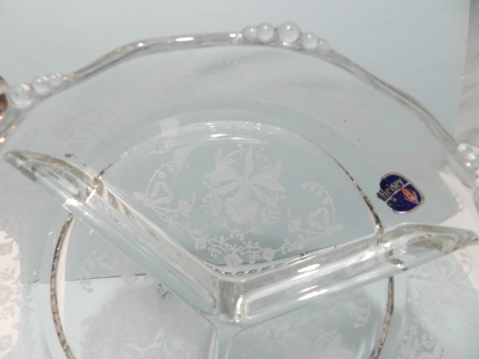 Vintage Blown Glass 8" Round 3 Part Relish Etched Heisey Rose by Heisey Z77S - Thumbnail 3