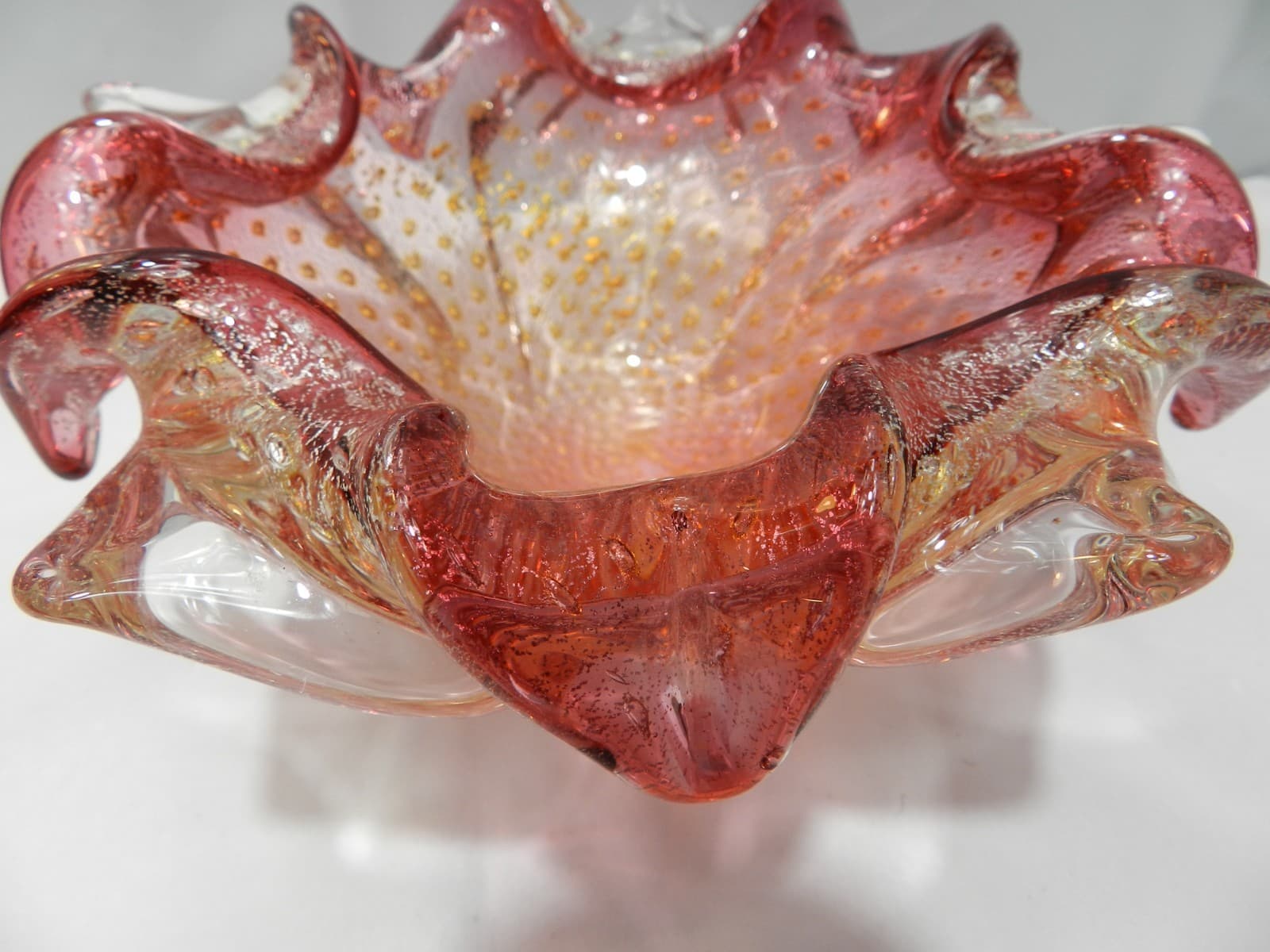VTG 7" Murano Hand Blown Glass Italian Ashtray Candy Dish Pink Gold Fleck Z80S - Thumbnail 4