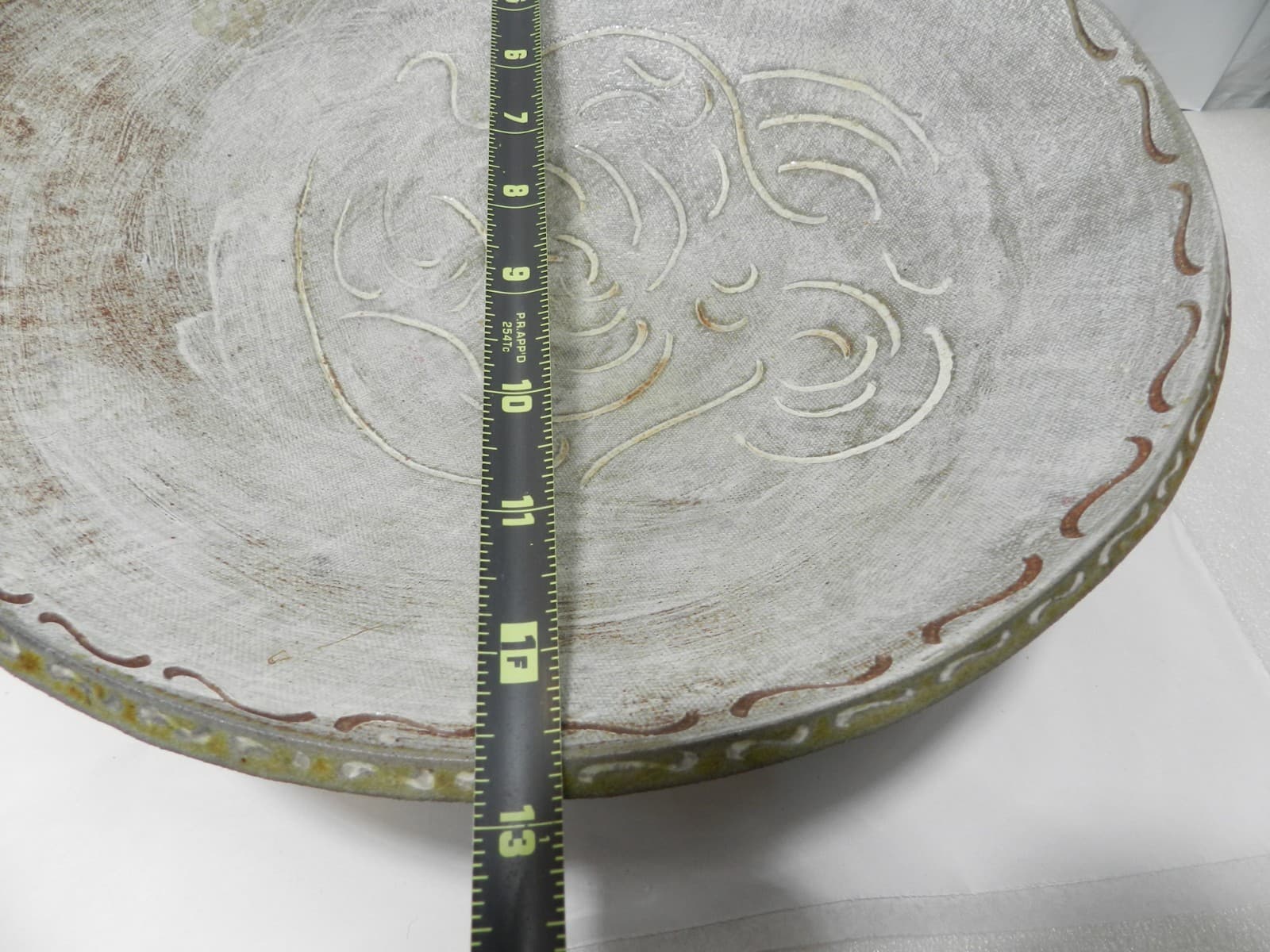 12.5" Ceramic Pottery Footed Serving Bowl Etched Flared Rim Earth Tones Z85S - Thumbnail 10