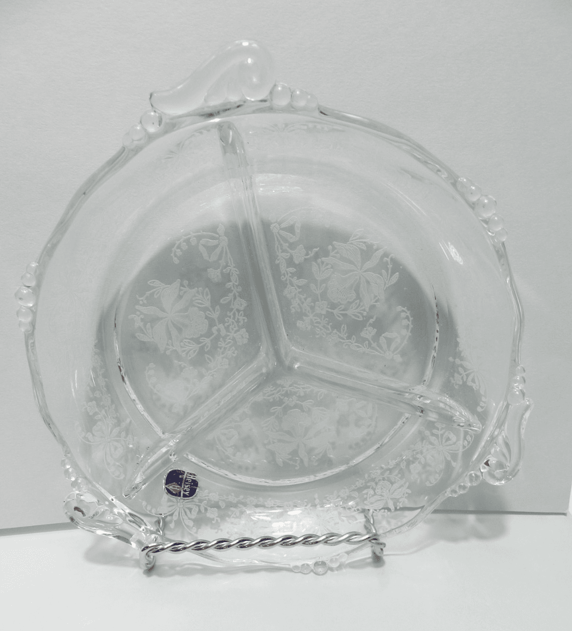 Vintage Blown Glass 8" Round 3 Part Relish Etched Heisey Rose by Heisey Z77S