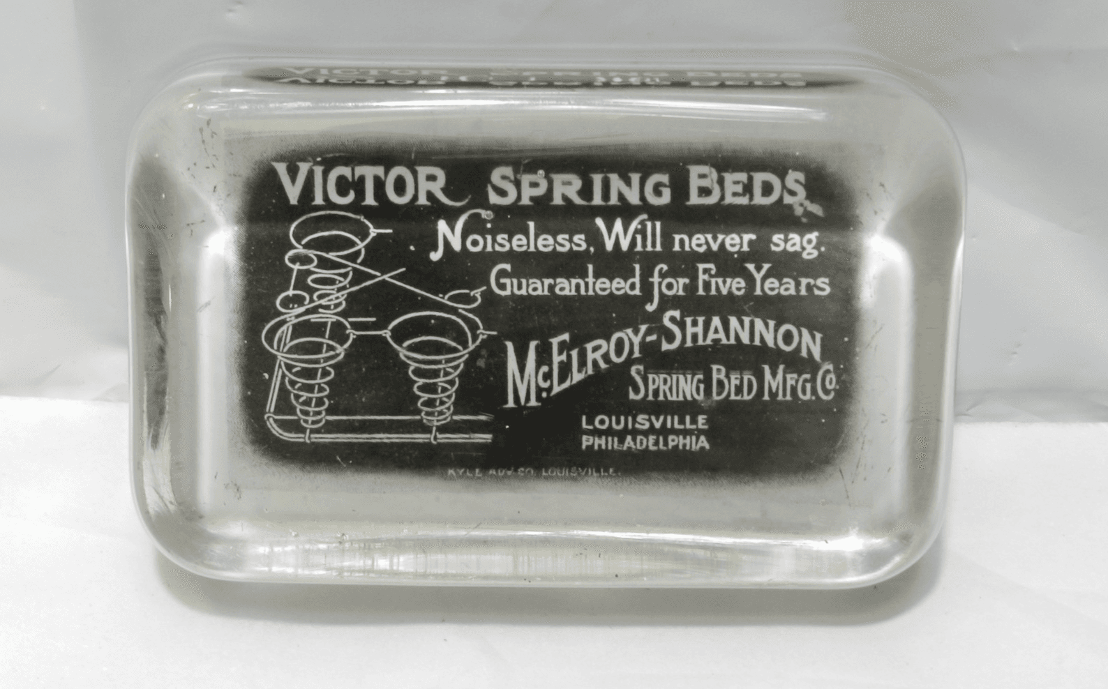 Vintage Glass Paper Weight Victor Spring Beds McElroy-Shannon Louisville KY Z83S