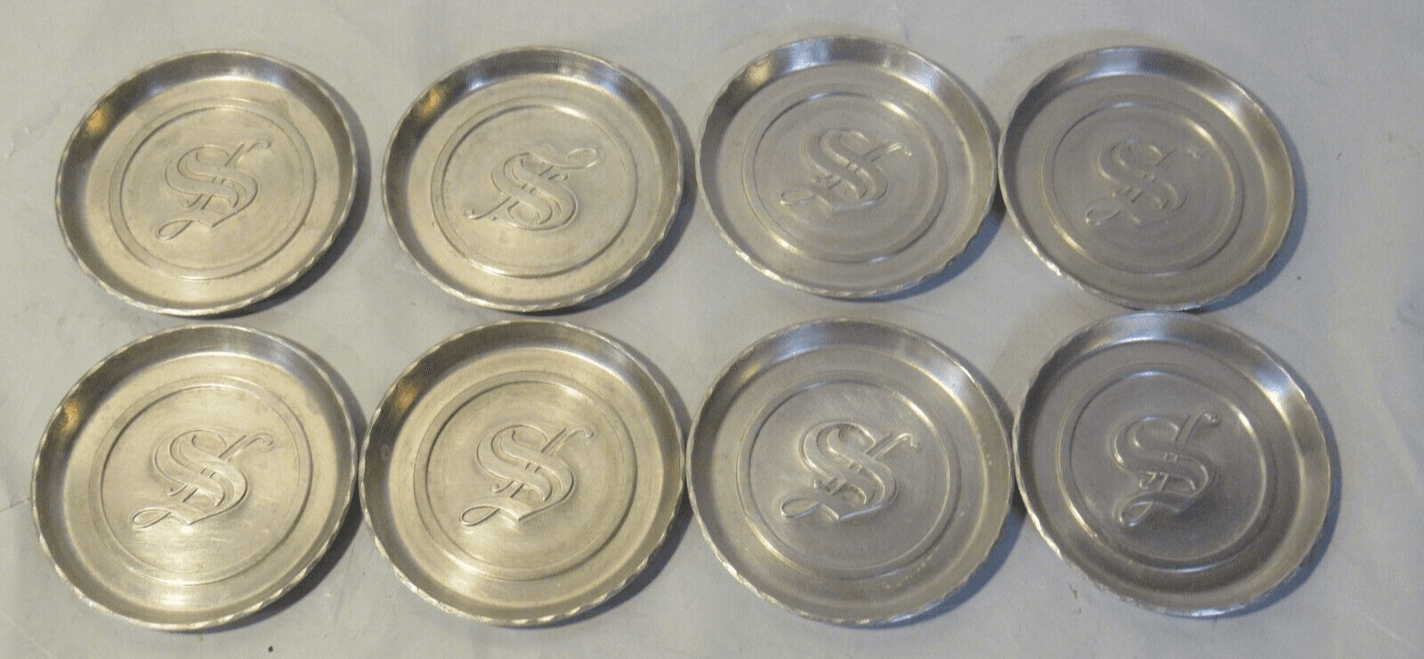 Vintage Hammered Forged Metal Coasters -S Initial Crest Set of 8 Z34J