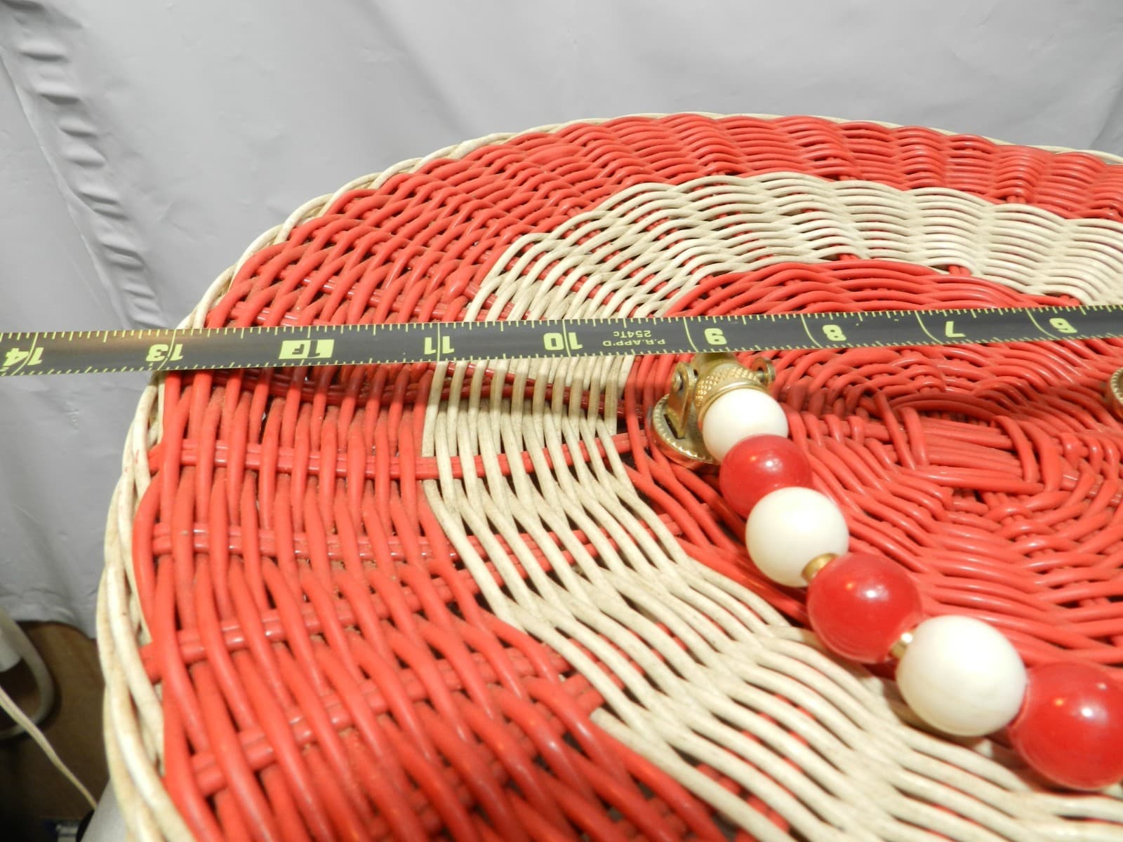 VTG 60s Red/White Wicker Hat Wig Box Locking Lid Beaded Handle Hong Kong 14" B4M - Thumbnail 9