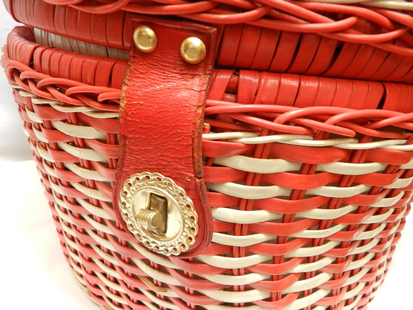 VTG 60s Red/White Wicker Hat Wig Box Locking Lid Beaded Handle Hong Kong 14" B4M - Thumbnail 10