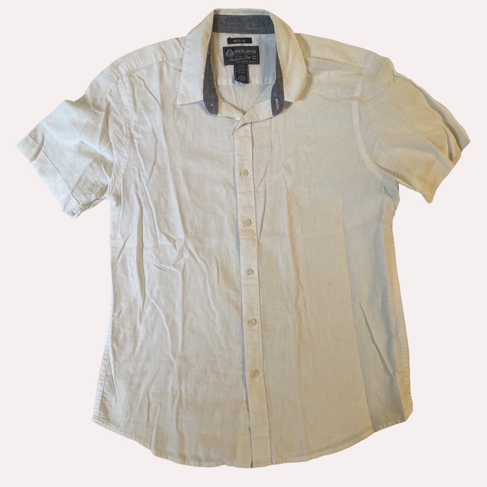 American Rag Cie Shirt Men’s Medium Ivory Solid Linen Short Sleeve Casual