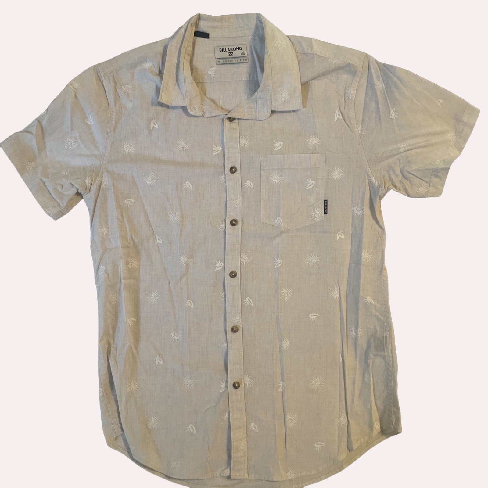 Billabong Shirt Men’s Medium Ivory Short Sleeve Casual Ocean Accents Surfer