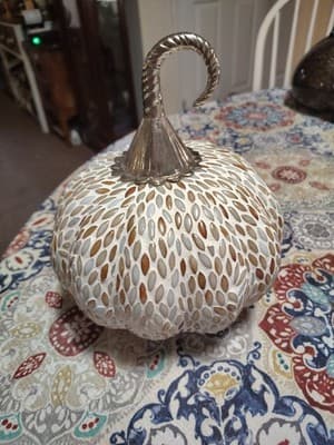 Mosaic Bead Pumpkin Decor White & Amber Fall Harvest Metal Stem - Thumbnail 2