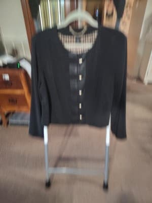 Chico's Black Label Blazer With Faux Leather Trim and Gold Snap Buttons SZ 2 - Thumbnail 5