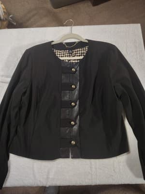 Chico's Black Label Blazer With Faux Leather Trim and Gold Snap Buttons SZ 2