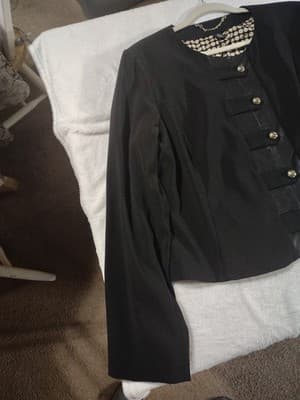 Chico's Black Label Blazer With Faux Leather Trim and Gold Snap Buttons SZ 2 - Thumbnail 2