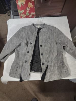 Talbots Gray Linen Blend Snap Front Black Tie Waist Jacket Size 16