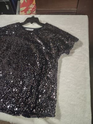 Jennifer Lopez Womens Top Small Purple Black Sequined Top Short Sleeves - Thumbnail 3