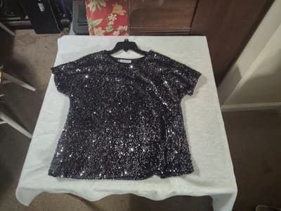 Jennifer Lopez Womens Top Small Purple Black Sequined Top Short Sleeves