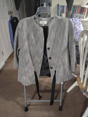 Talbots Gray Linen Blend Snap Front Black Tie Waist Jacket Size 16 - Thumbnail 4