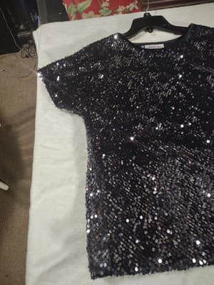 Jennifer Lopez Womens Top Small Purple Black Sequined Top Short Sleeves - Thumbnail 2