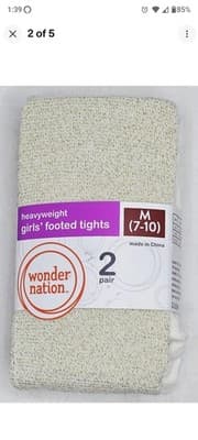 Wonder Nation Girls Ivory Gold Lurex Footed Tights 2 Pack Heavyweight Sz M 7-10 - Thumbnail 2