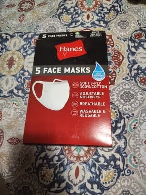 Hanes 100% Cotton Fabric Face Mask Reusable White (5 PACK)
