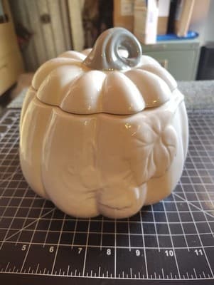 White Ceramic Decorative Fall Harvest Pumpkin Cookie Candy Jar NWOT