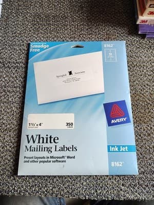 Avery 8162 White Mailing Labels, Inkjet, Qty 238 Labels 1-1/3” x 4” Partial Pack