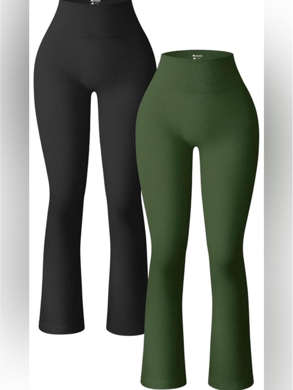 TIKTOK VIRAL OQQ Ribbed High-Waist Flare Leg Pants – Olive & Black - Thumbnail 9