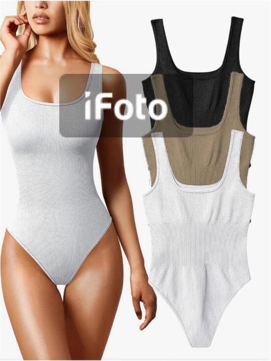 TikTok Viral OQQ Women's 3 Piece Bodysuits Sexy Ribbed Sleeveless Square Neck - Thumbnail 6