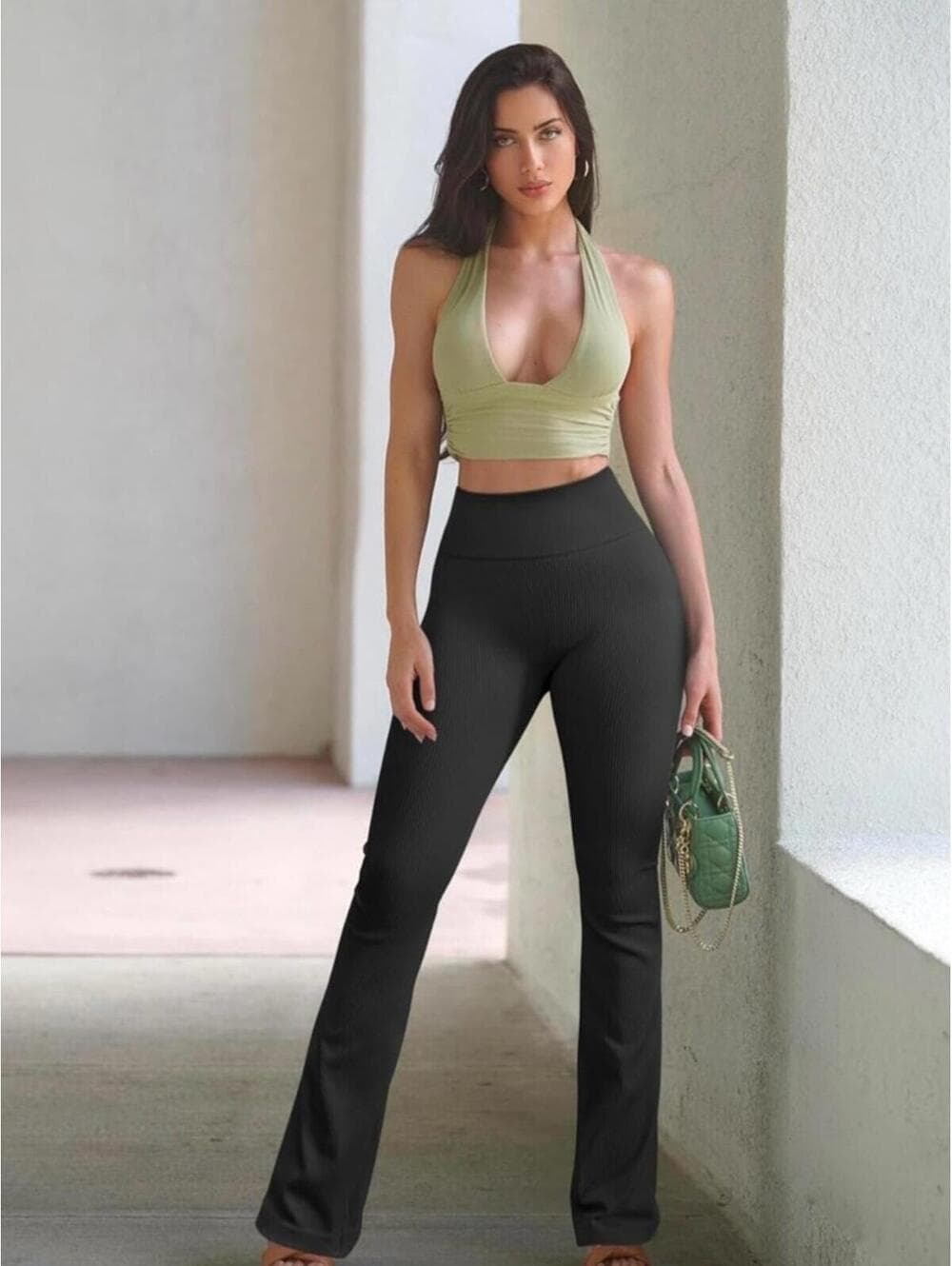 TIKTOK VIRAL OQQ Ribbed High-Waist Flare Leg Pants – Olive & Black - Thumbnail 2