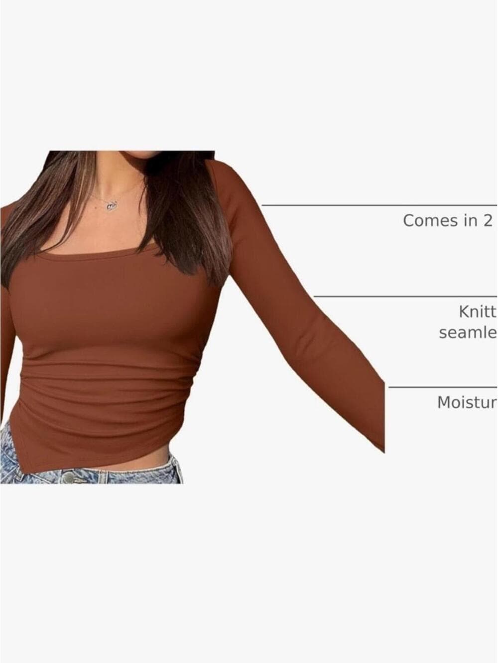 OQQ Women’s Square Neck Long Sleeve Top in Brown