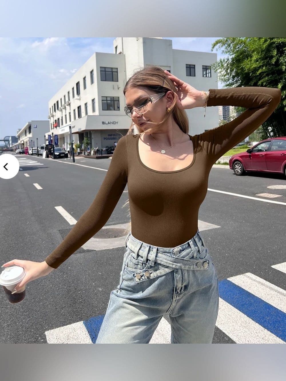 Ribbed Scoop Neck Long Sleeve Crop Top- Brown - Thumbnail 5