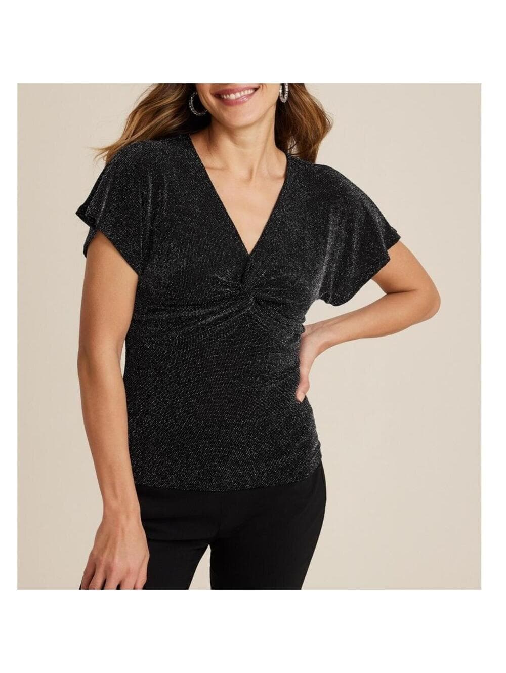 Maurices Black Flutter Sleeve Blouse with Tie Front - Thumbnail 4