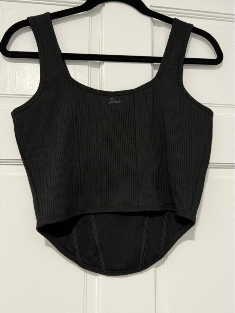 PINK Victoria's Secret Black Ribbed Scoop Crop Tank - Thumbnail 3