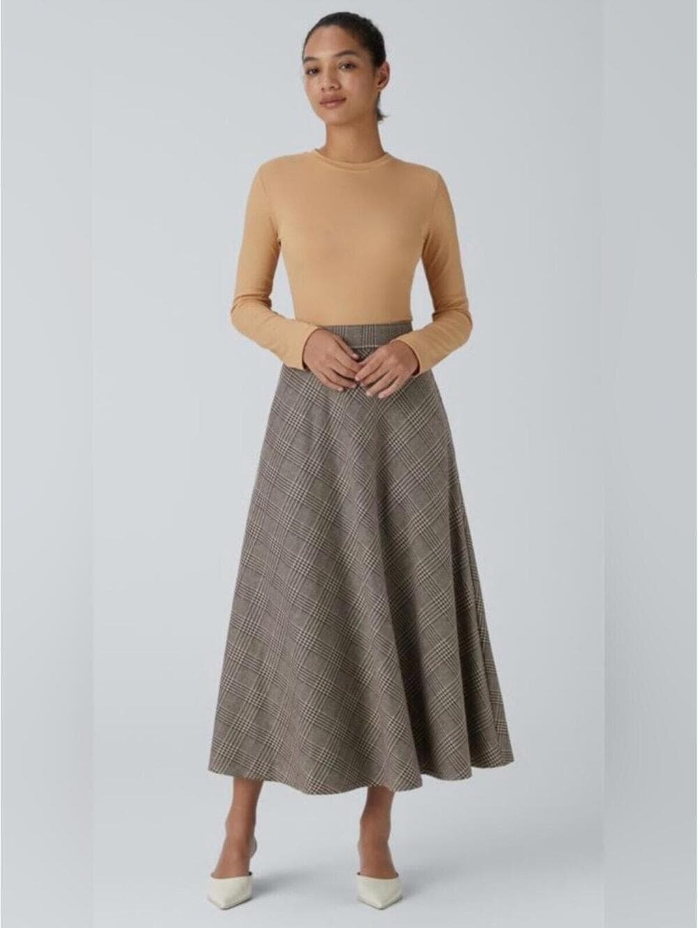 Halara High Waisted Pocket Houndstooth Plaid Flare Midi Casual Skirt - Thumbnail 2