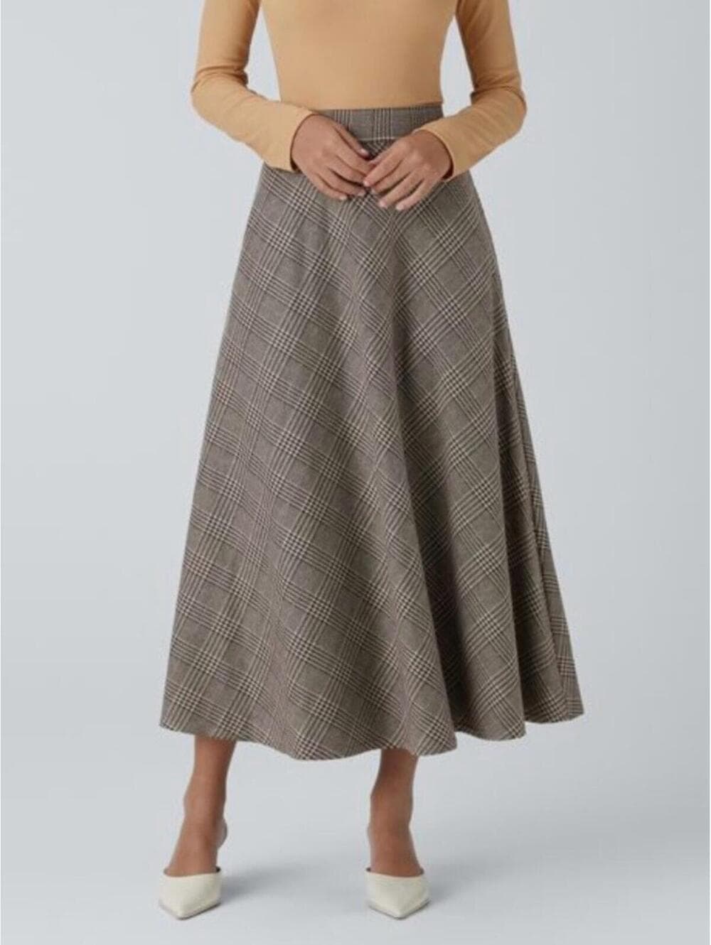 Halara High Waisted Pocket Houndstooth Plaid Flare Midi Casual Skirt - Thumbnail 7