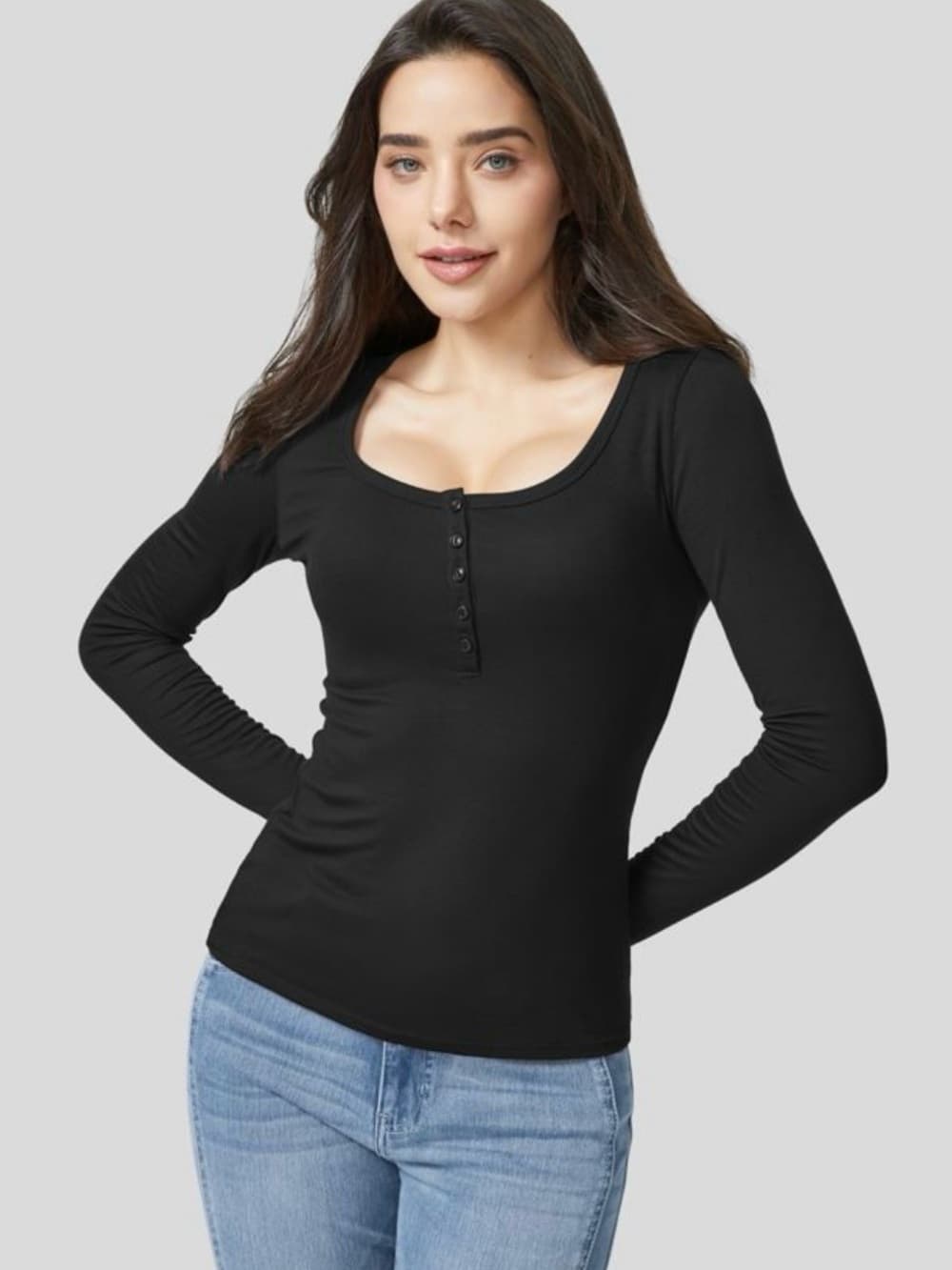 Halara Ribbed Henley Neck Long Sleeve Slim Casual T-Shirt - Thumbnail 6