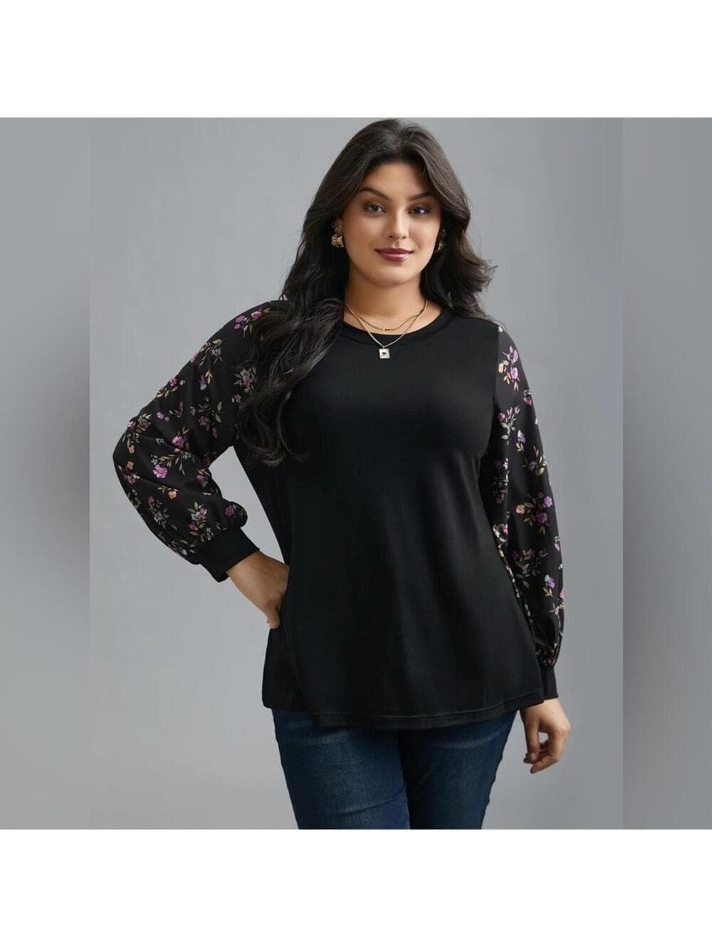 BloomChic Floral Sleeve Black Top