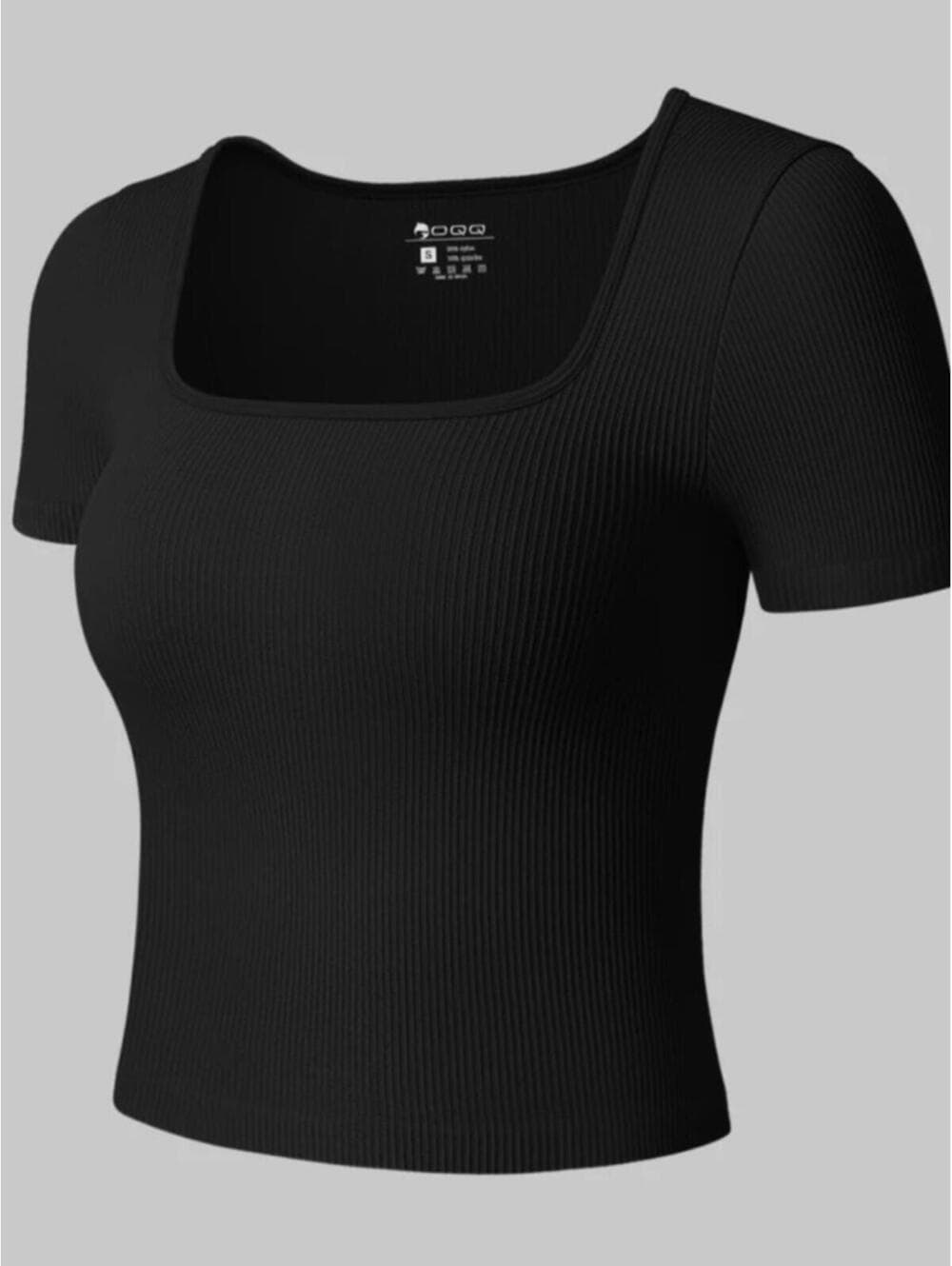TIKTOK VIRAL OQQ Black Ribbed Square-Neck Short Sleeve Top Pack of Two - Thumbnail 4