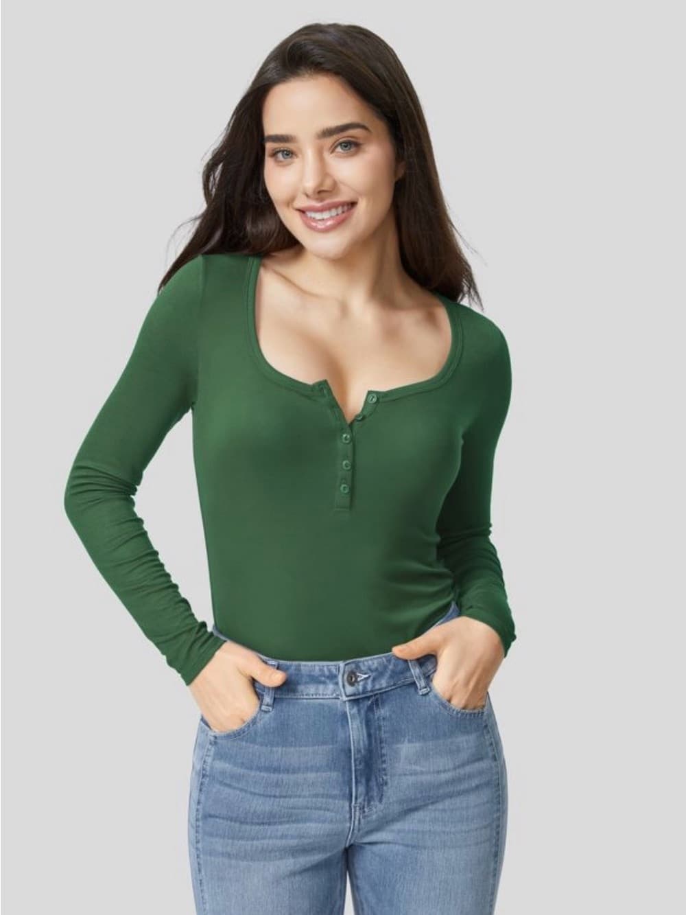 Halara Ribbed Henley Neck Long Sleeve Slim Casual T-Shirt - Thumbnail 6