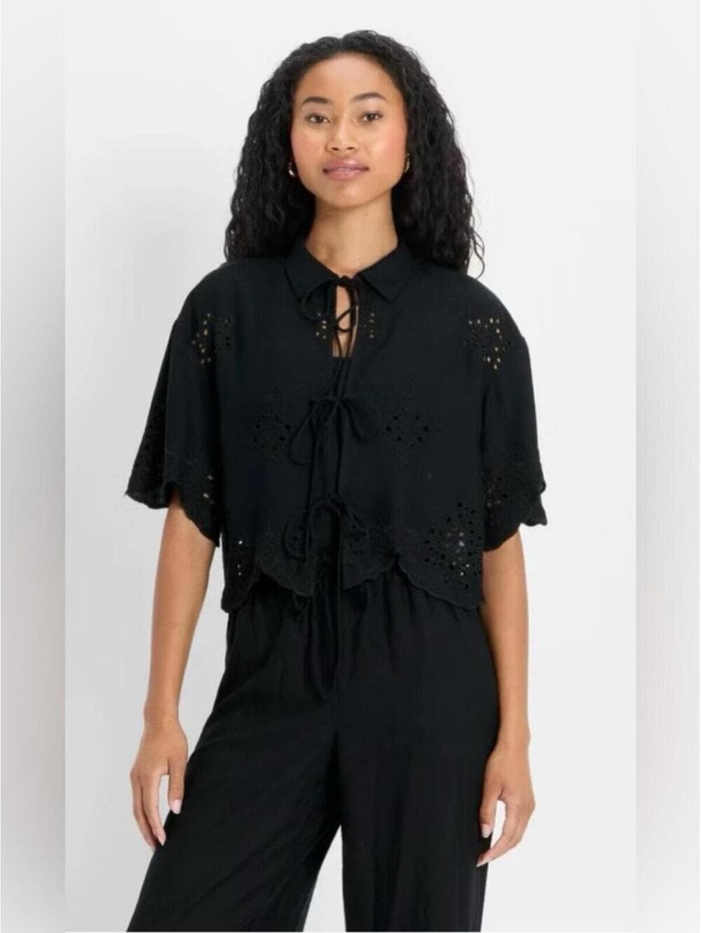 Women's Short Sleeve Embroidered Tie-Front Blouse - Future Collective - Thumbnail 5