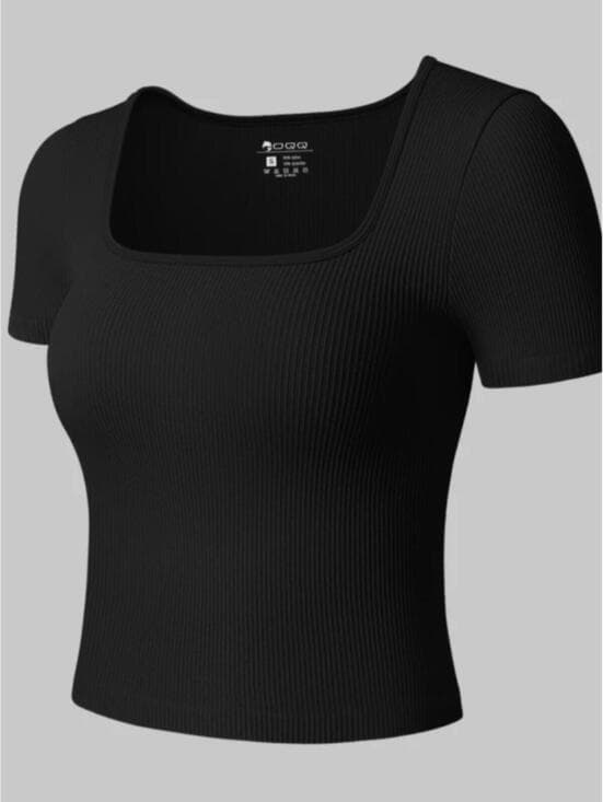 TIKTOK VIRAL OQQ Black Ribbed Square-Neck Short Sleeve Top Pack of Two - Thumbnail 5